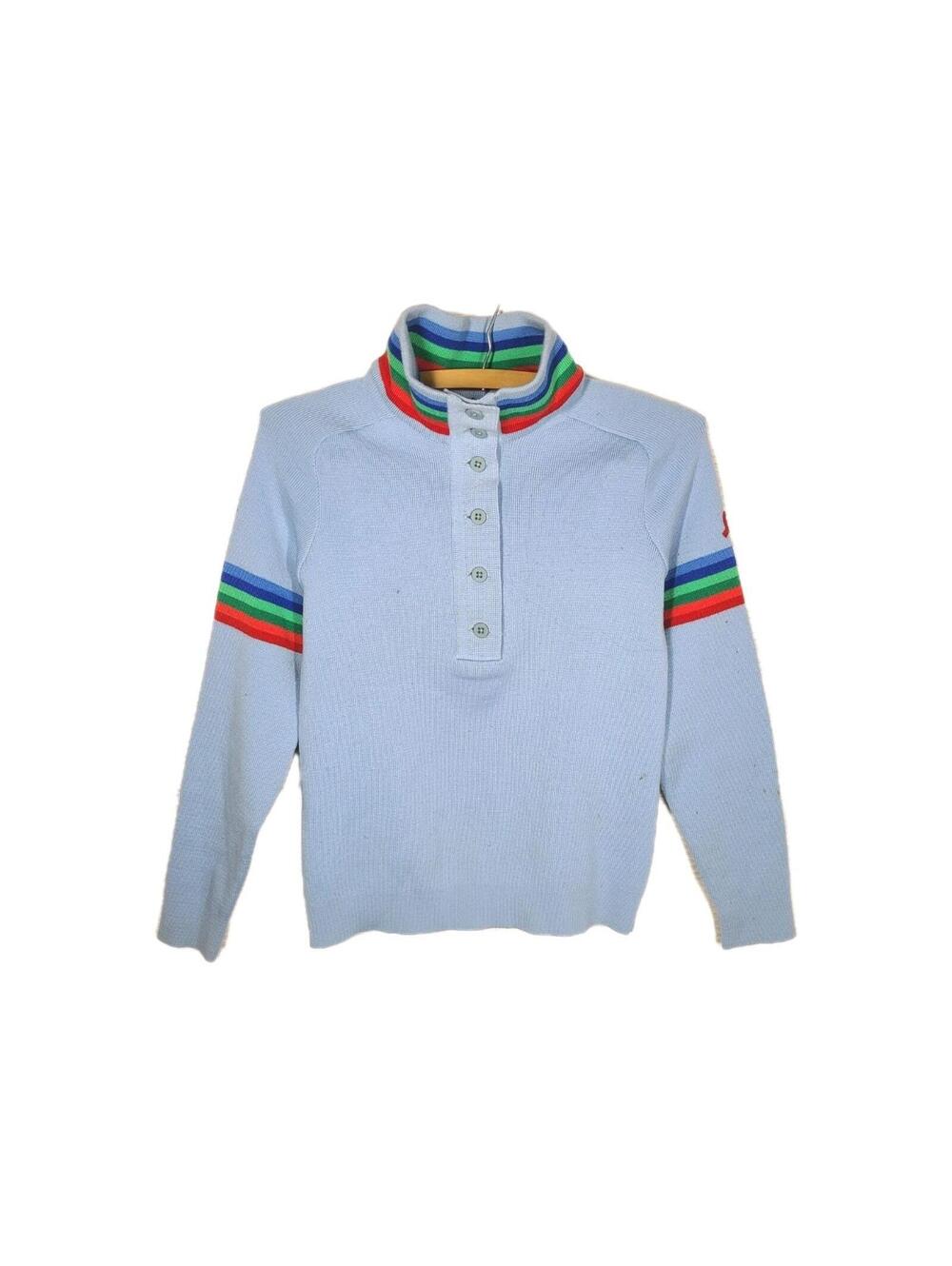 Vtg 70s Ski Sweater Demetre 100% Wool Knit Rainbow Stripe Women’s Small Snow - Picture 2 of 12